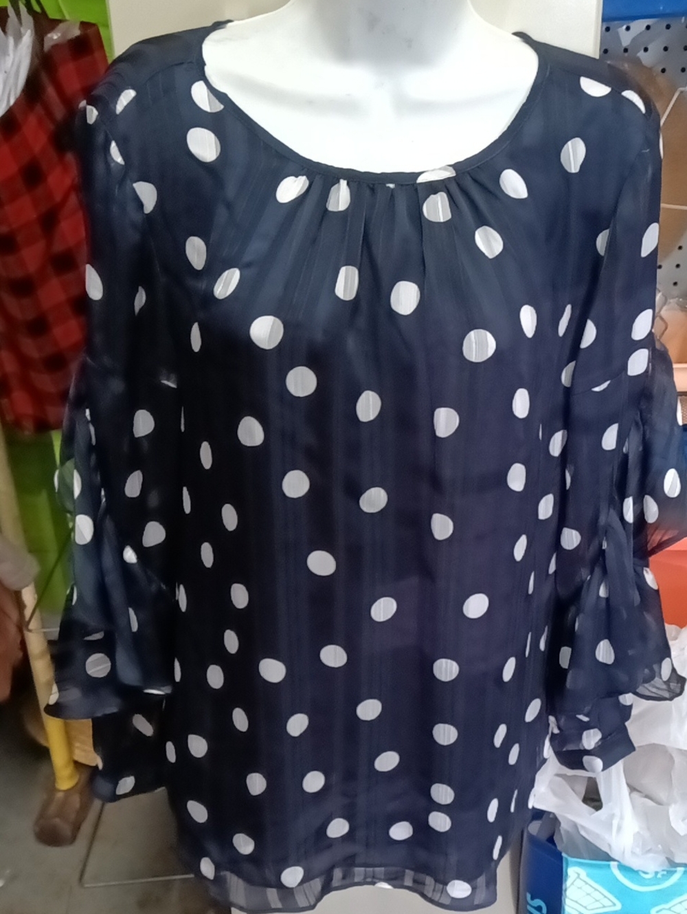 Chico's Navy and White Polka Dot Sheer Blouse